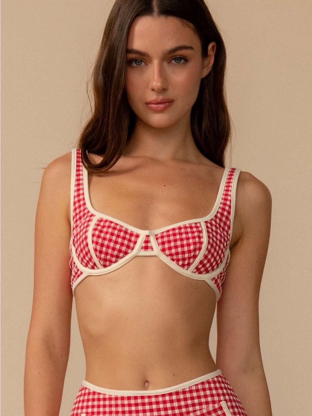 ❤️🧺🤍 New! Montce Red Micro Gingham Romy Binded Bikini Top - Size Medium